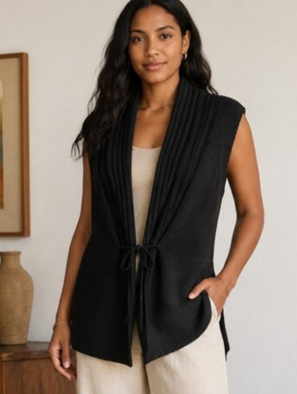 Heikejarick Black Merino Wool Tie Front Quiet Luxury Ribbed Sweater Vest Size M